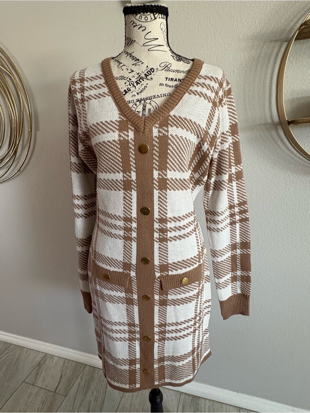 Say What? Cream and Brown Plaid Long Sleeve Knit Dress